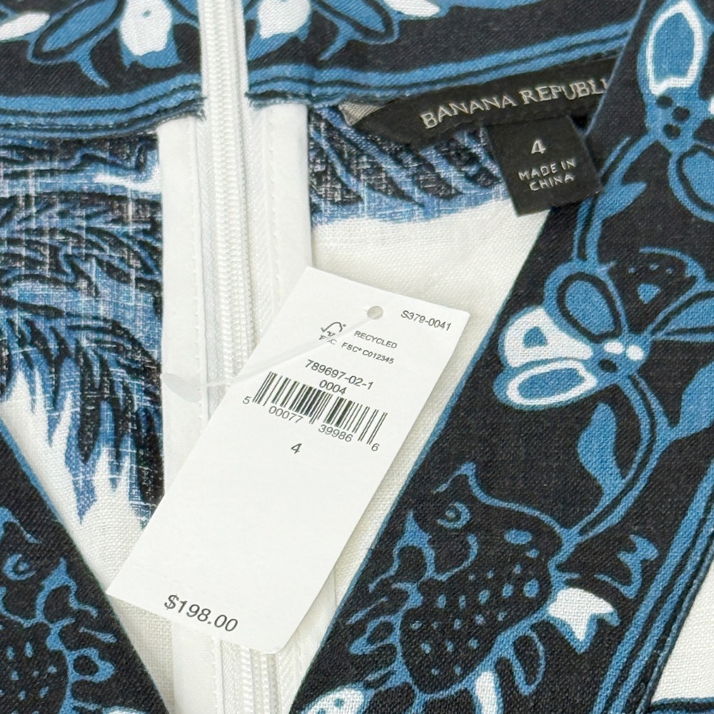 BANANA REPUBLIC Linen Balloon Sleeve Mini Dress Blue Butterfly Palm Print Size 4 - Picture 14 of 15